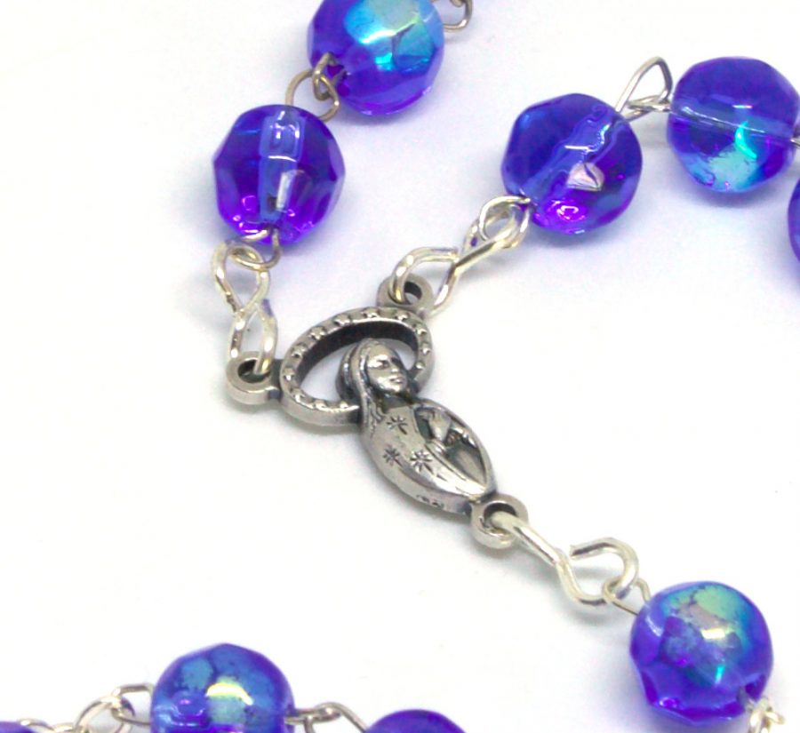 Holy Land Shimmering Sapphire Crystal Rosary Centerpiece Front
