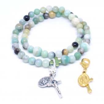 Rosary Bracelet Multi-color Natural Amazonite Beads with gold or silver crucifix and medal