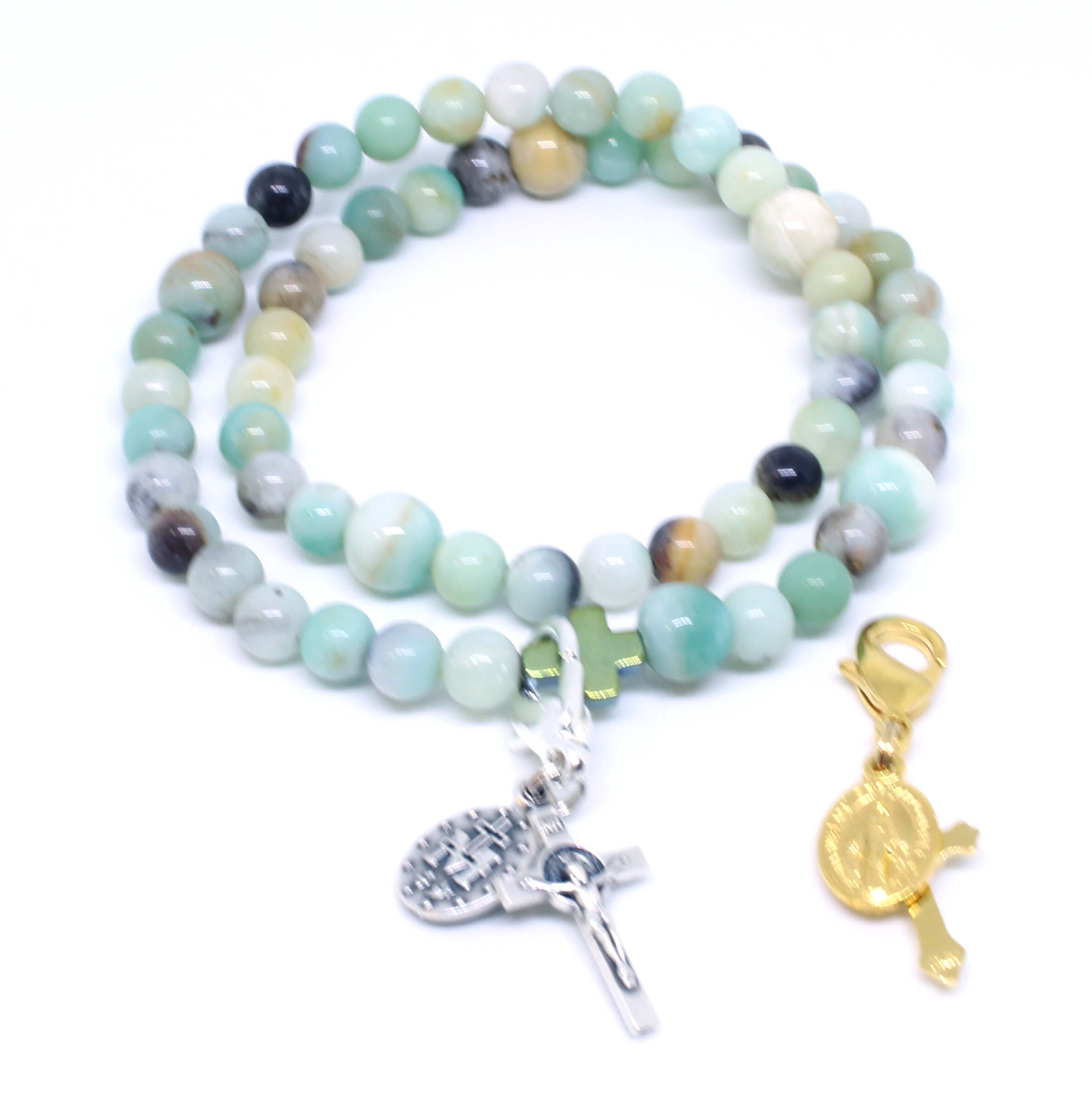 Rosary-Bracelet-Aqua Rosary Bracelet Multi-color Natural Amazonite Beads with gold or silver crucifix and medal