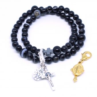 Rosary Bracelet Black Stripe Agate Natural Beads with gold or silver crucifix and medal