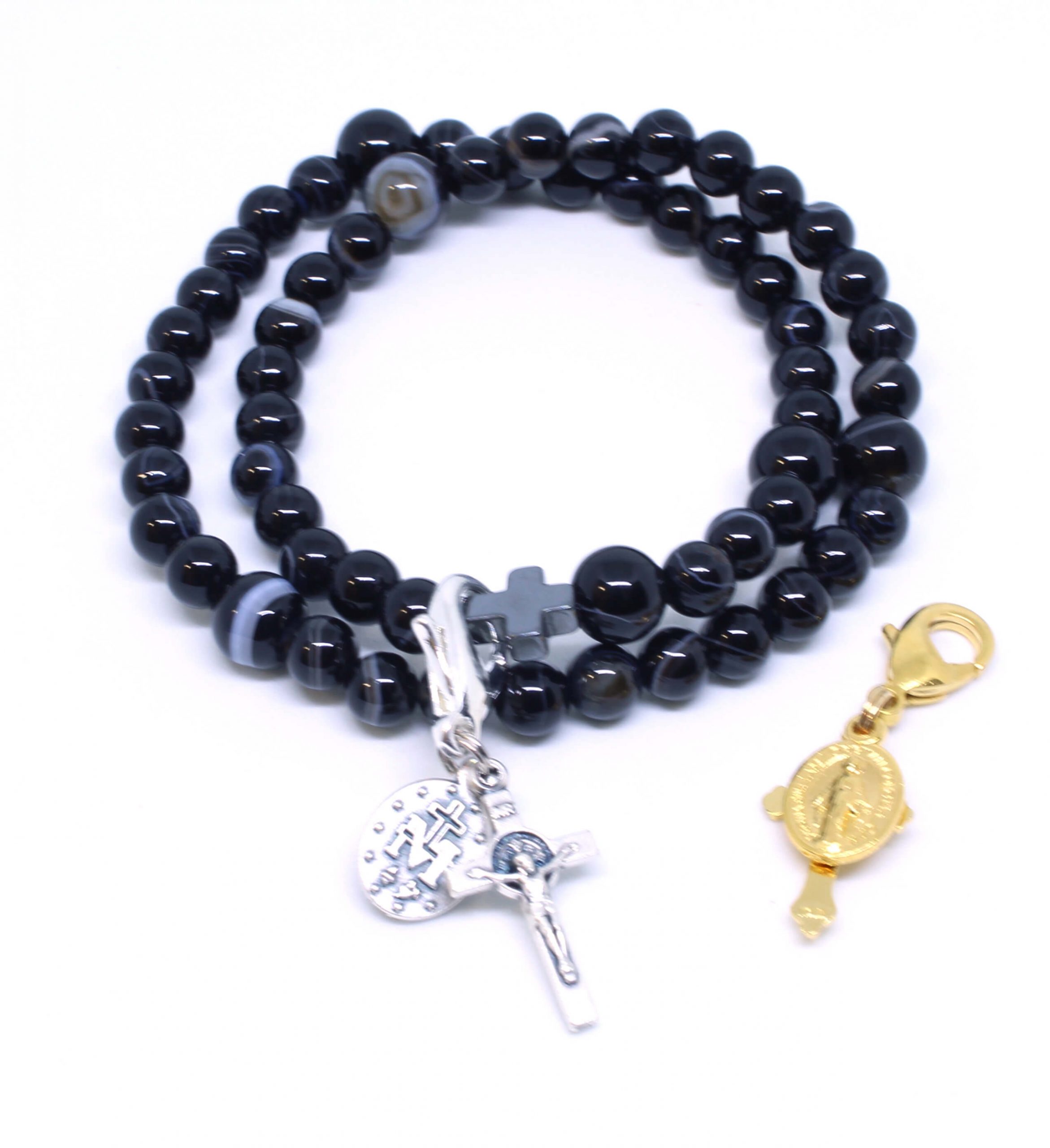 Rosary-Bracelet-Black Rosary Bracelet Black Stripe Agate Natural Beads with gold or silver crucifix and medal