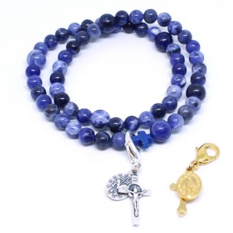 Rosary Bracelet Solamite Blue Natural Beads with gold or silver crucifix and medal