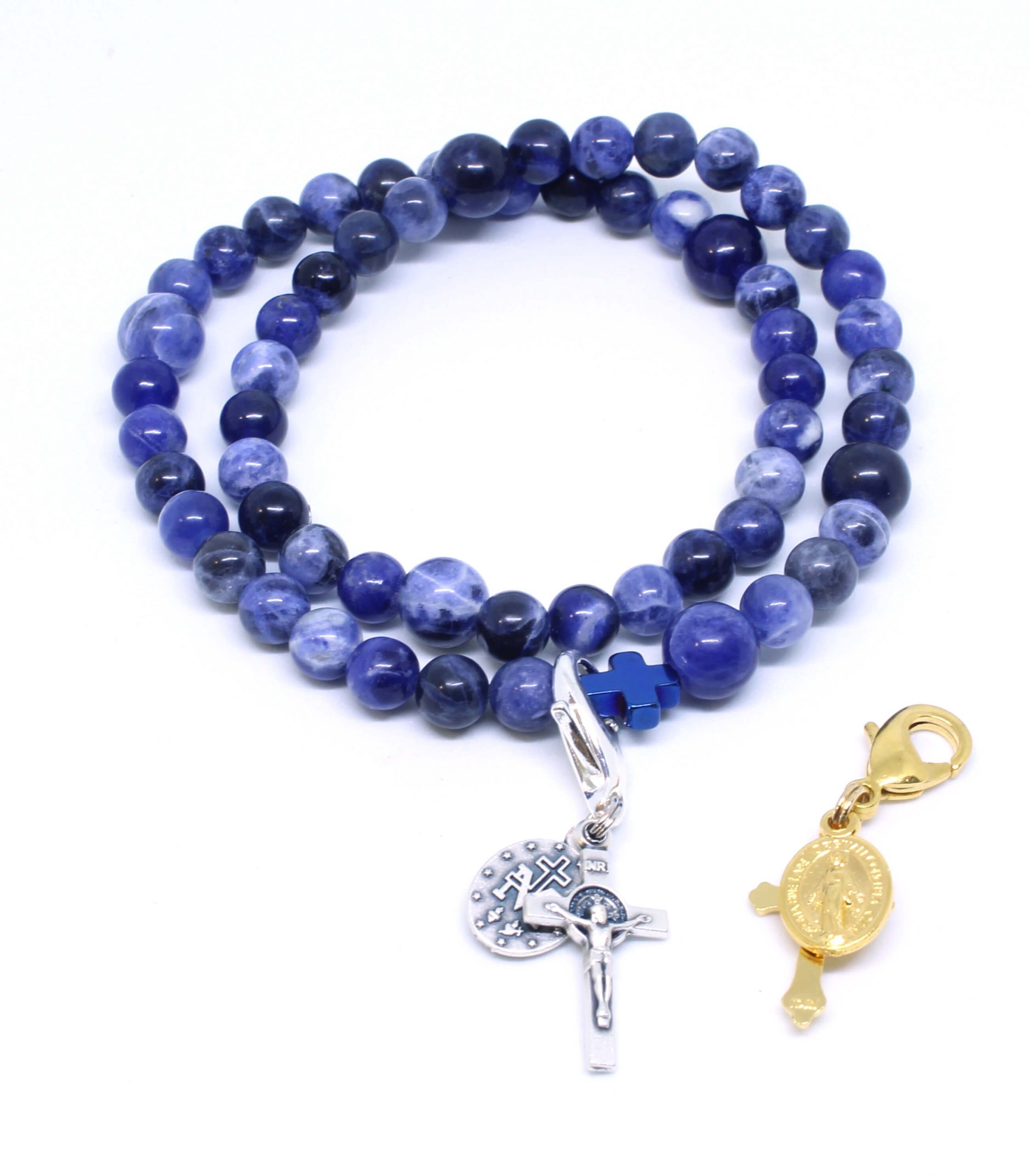 Rosary-Bracelet-Blue Rosary Bracelet Solamite Blue Natural Beads with gold or silver crucifix and medal